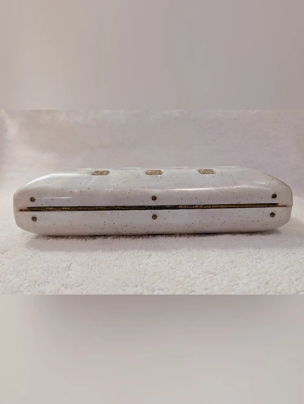 Vintage MCM Lucite Clutch Purse Pearl White Confetti Hard Shell Rhinestone Bling